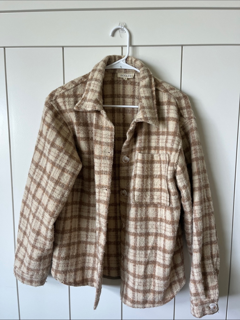 Roolee Plaid Button-Up Teddy Jacket in Beige and Brown